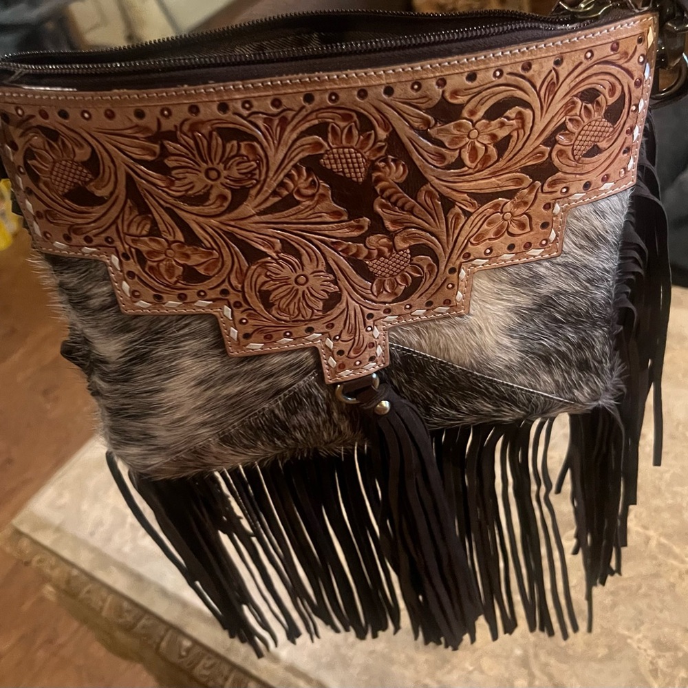 Genuine New Cowhide Leather & Haircalf Fringe Crossbody Bag - Brown and Black